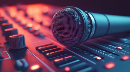 A microphone lying flat on top of an audio system, showcasing the smooth metallic surface and detailed mesh grille. 