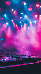 New Year's Eve dance party, colorful disco lights, DJ booth in action, energetic crowd, festive atmosphere