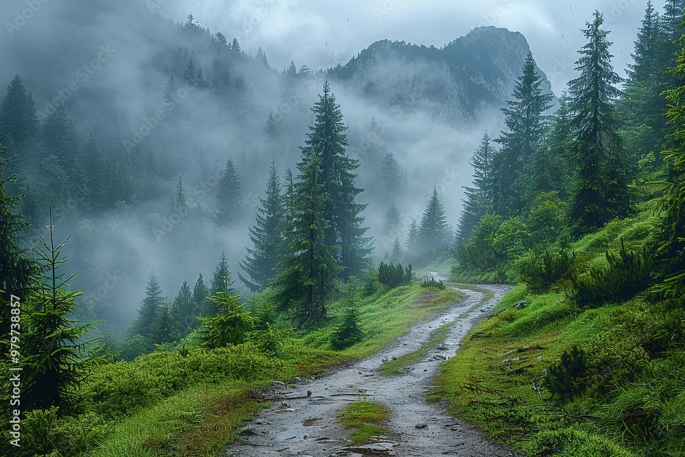 Poster a forest with a road running through it