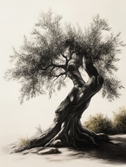 Fototapeta premium A stunning pencil drawing of a majestic olive tree, symbolizing strength, resilience, peace, wisdom, and longevity.