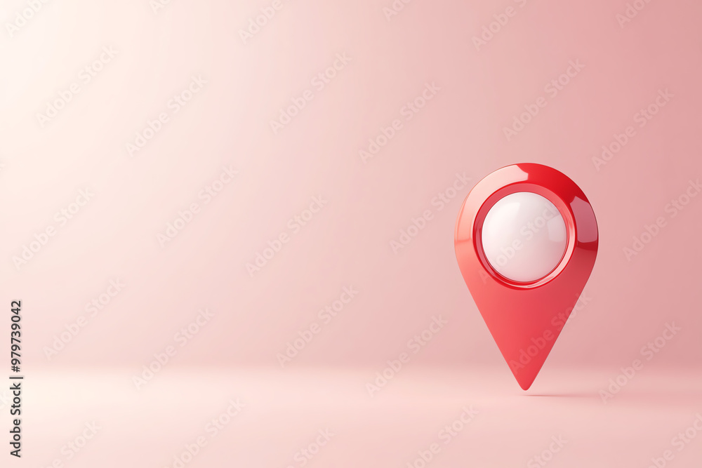 Poster a vibrant red location pin against a soft pink background, symbolizing navigation and mapping aspira
