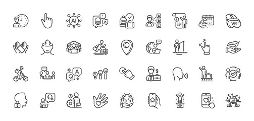 Inspect, Fitness calendar and Touchscreen gesture line icons pack. AI, Question and Answer, Map pin icons. Employee, Luggage belt, Fisherman web icon. Manual doc, Vr, Unlock system pictogram. Vector