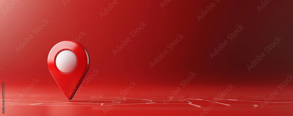 Poster a vibrant red location pin stands alone against a soft red background, symbolizing navigation and di