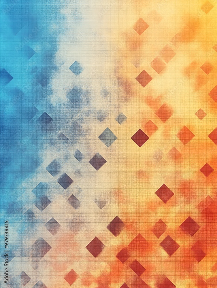 Poster a vibrant abstract background with a gradient of blue to orange featuring diamond shapes scattered a