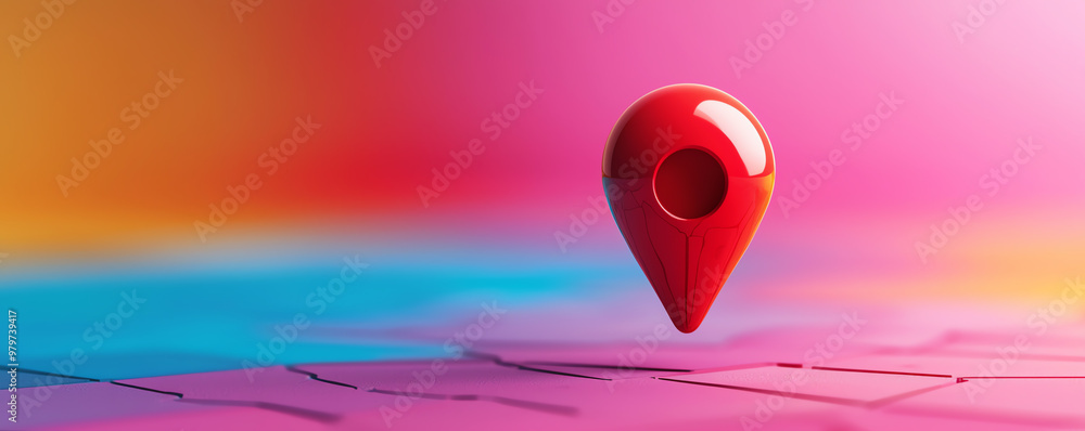 Poster a vibrant red location pin stands out against a colorful abstract background, symbolizing navigation