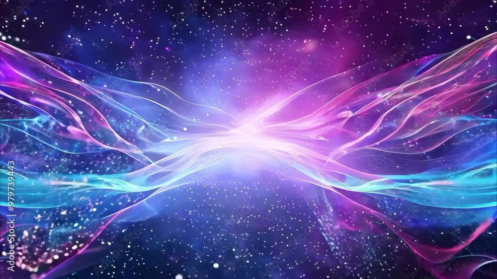 Poster a dynamic blend of vibrant colors and swirling light patterns creating a cosmic, ethereal atmosphere