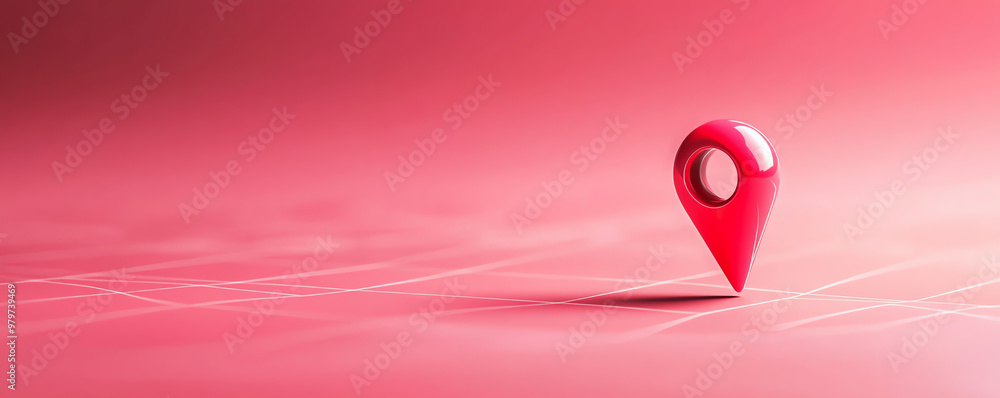 Poster a vibrant red location pin on a smooth pink background, symbolizing navigation and direction in a mo