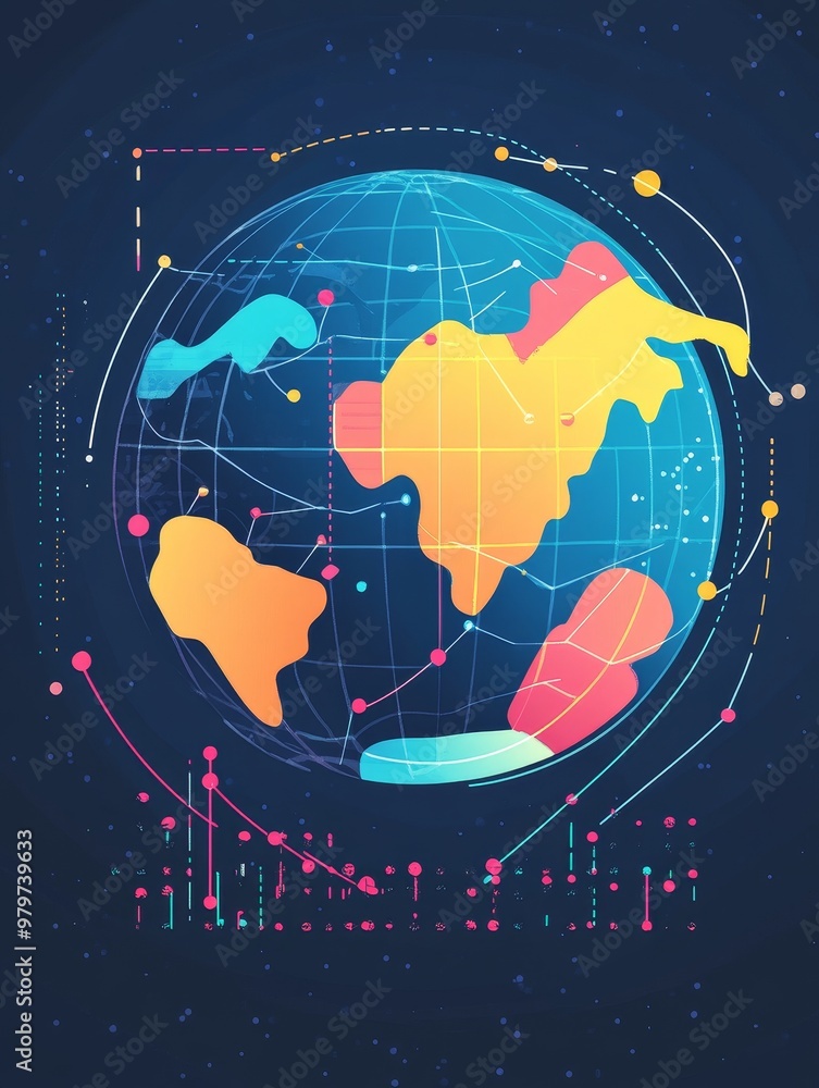 Poster a vibrant illustration depicting a globe with colorful data points and lines representing worldwide 