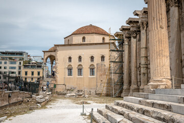 Views from the Hadrian's Library historical site in the city of Athens, Greece