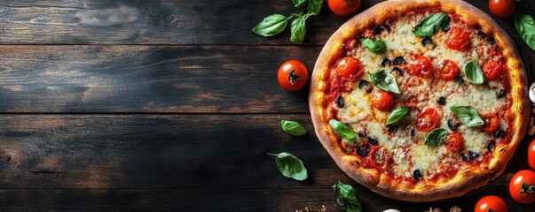 Celebrate World Pizza Day with our banner template featuring a flat lay composition of delicious pizza, parmesan, and toppings on a dark wooden background - perfect for your next pizza party!
