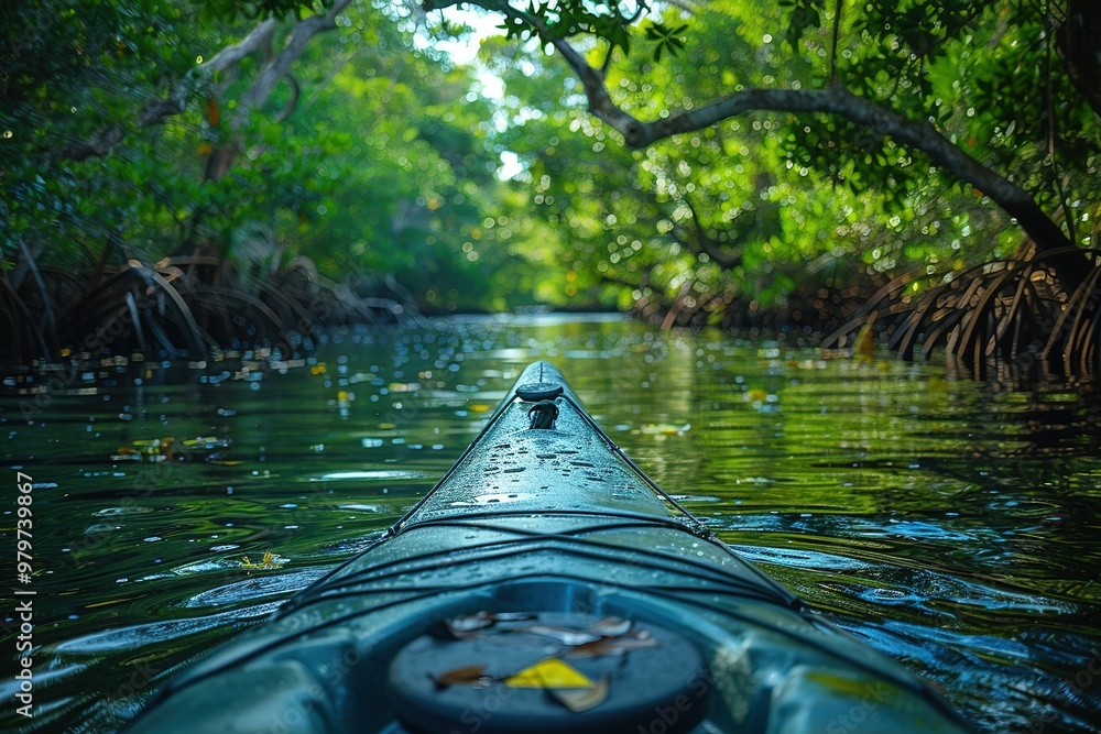 Poster a kayak is in the middle of a river with trees on either side