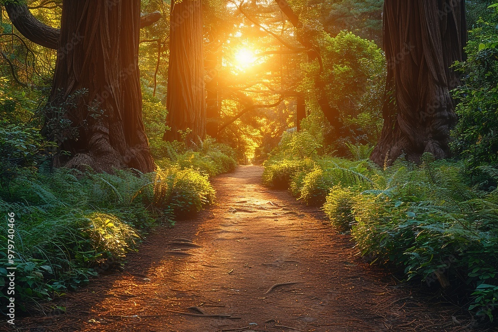 Poster a path through a forest with trees on either side