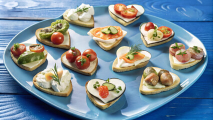 Gourmet selection of heart shaped cicchetti canapes arranged on blue plate, featuring various toppings like tomatoes, cucumbers, and herbs. These delightful bites evoke sense of joy and celebration