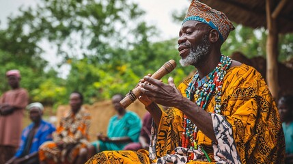 Nigerian Griot Singing a Traditional Tale in a Lively Setting