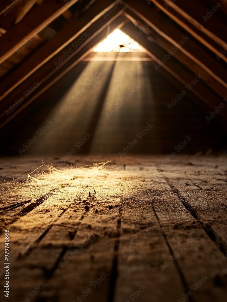 Poster abandoned attic with cobwebs and dust, sunbeams streaming through a small window in the roof. the at
