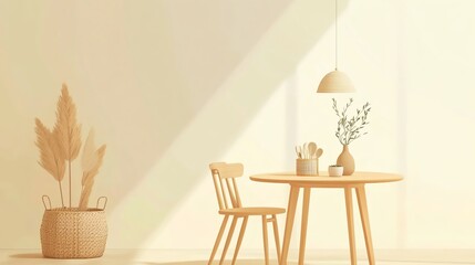 A serene minimalistic interior featuring a wooden table, chair, and plant, illuminated by soft natural light.
