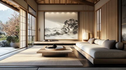 Fototapeta premium A serene modern living room featuring minimalist design, natural light, and traditional art, perfect for relaxation and tranquility.