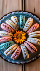Fototapeta premium A plate of colorful macarons, each arranged in a circular pattern, creating a kaleidoscope of colors and textures