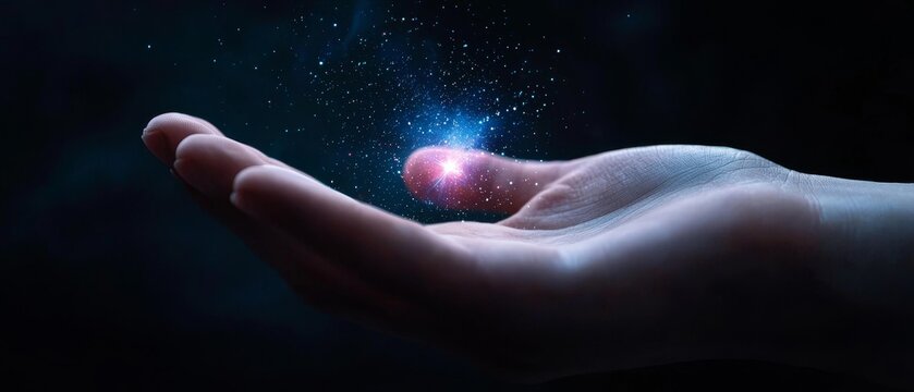 A miniature galaxy glowing in the center of a human hand, stars and dust swirling, representing the power of creation and the infinite universe, mystical cosmic theme