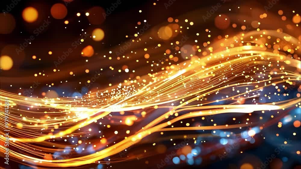 Poster a colorful abstract design featuring flowing lines and glowing particles in warm tones against a dar