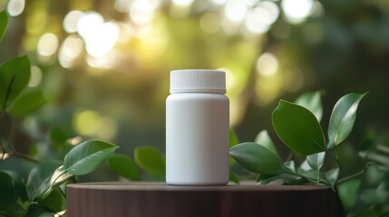 A sleek white dietary supplement bottle placed on a natural surface with a softly blurred background of green foliage. Healthy, vibrant atmosphere, Canon 1DX.