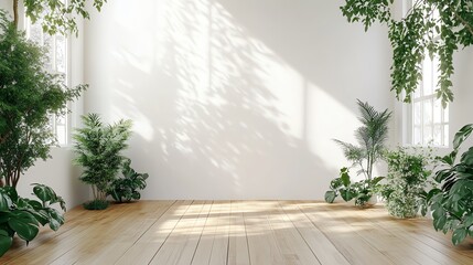 Fototapeta premium Bright and airy indoor space with natural light, featuring elegant plants and wooden flooring, perfect for serene environments.