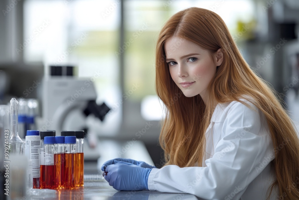 Aufkleber female scientist working in a lab with a microscope and glowing test tubes symbolizing scientific re