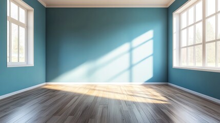 Obraz premium Bright and spacious interior with blue walls and wooden flooring, illuminated by natural light through large windows.