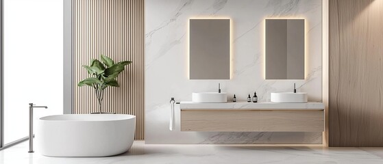 A modern bathroom with a floating vanity, freestanding tub, and large shower, highlighted by soft lighting and natural materials for a clean, elegant look