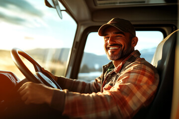 Warm Sunset Portrait of Truck Driver. A smiling man driving a truck during sunset. Suitable for transportation, travel, and lifestyle themes.