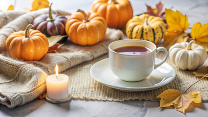 A cozy still life featuring cup of tea or coffee surrounded by vibrant pumpkins and autumn leaves, evoking warmth and comfort during fall season