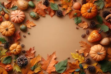 HAPPY Thanksgiving banner template featuring autumn leaves, pumpkins, and cornucopia on brown background in a top view layout with copy space.