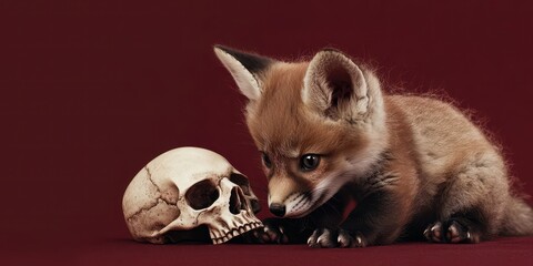 Obraz premium Curious Fox Cub Playing with Skull on Dark Red Background