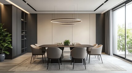 Modern dining room featuring elegant furniture, large windows, and stylish decor, perfect for hosting gatherings and meetings.