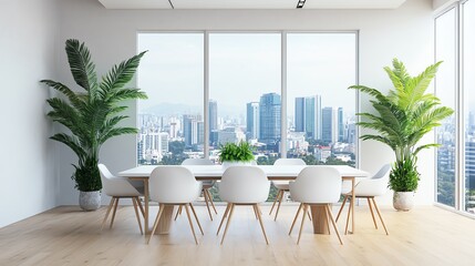 Modern conference room with stylish chairs, indoor plants, and large windows offering a panoramic city view.