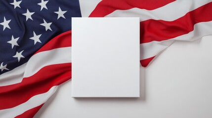 An American flag draped with a blank card for a patriotic message, perfect for celebrations like Memorial Day, Veterans Day, and Independence Day.