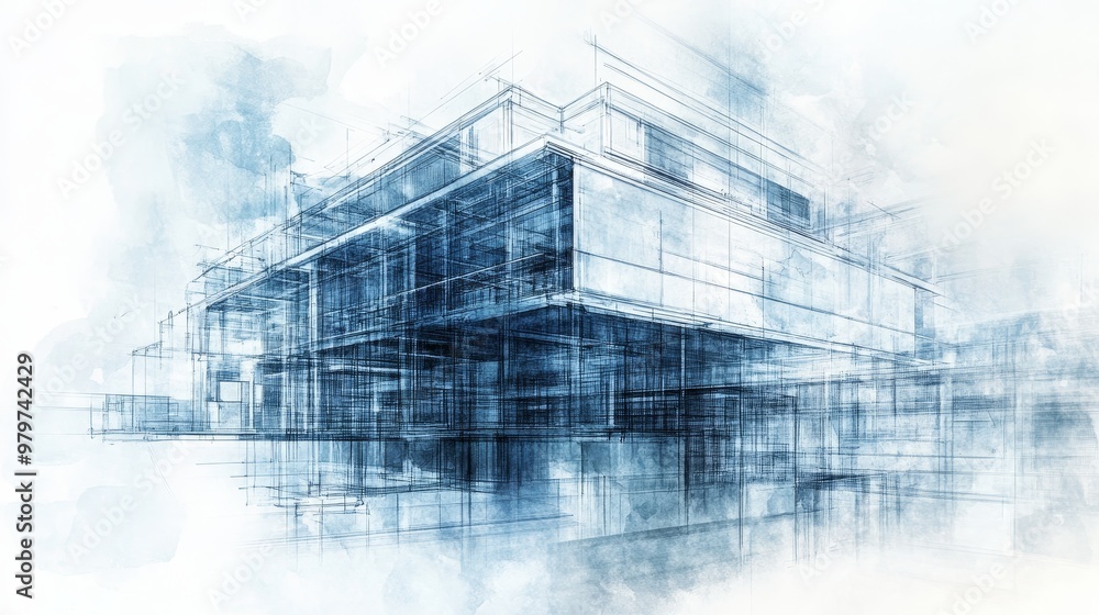 Aufkleber an ethereal, x-ray-like of a modern building reveals its intricate structure, showcasing the hidden 