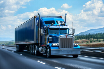 Highway View of Blue Semi-Truck. A blue semi-truck driving on a highway under a cloudy sky. Ideal for logistics, transportation, or travel-themed designs.