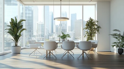 Fototapeta premium Modern office meeting room with glass wall, natural light, stylish furniture, and greenery, perfect for collaboration and creativity.