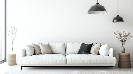 Modern white sofa in a minimalist living room, accented by stylish pillows and contemporary decor, creating a serene atmosphere.