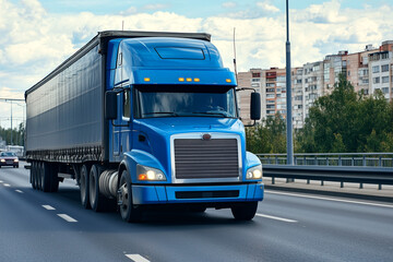 Driving Blue Truck on Urban Highway. A blue semi-truck driving on a highway in an urban area. Ideal for transportation, logistics, or freight-related themes.