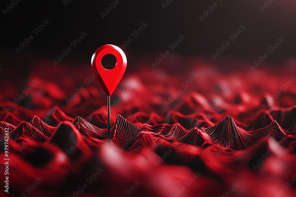 Poster a vivid representation of a location marker highlighting terrain in deep red tones, symbolizing navi