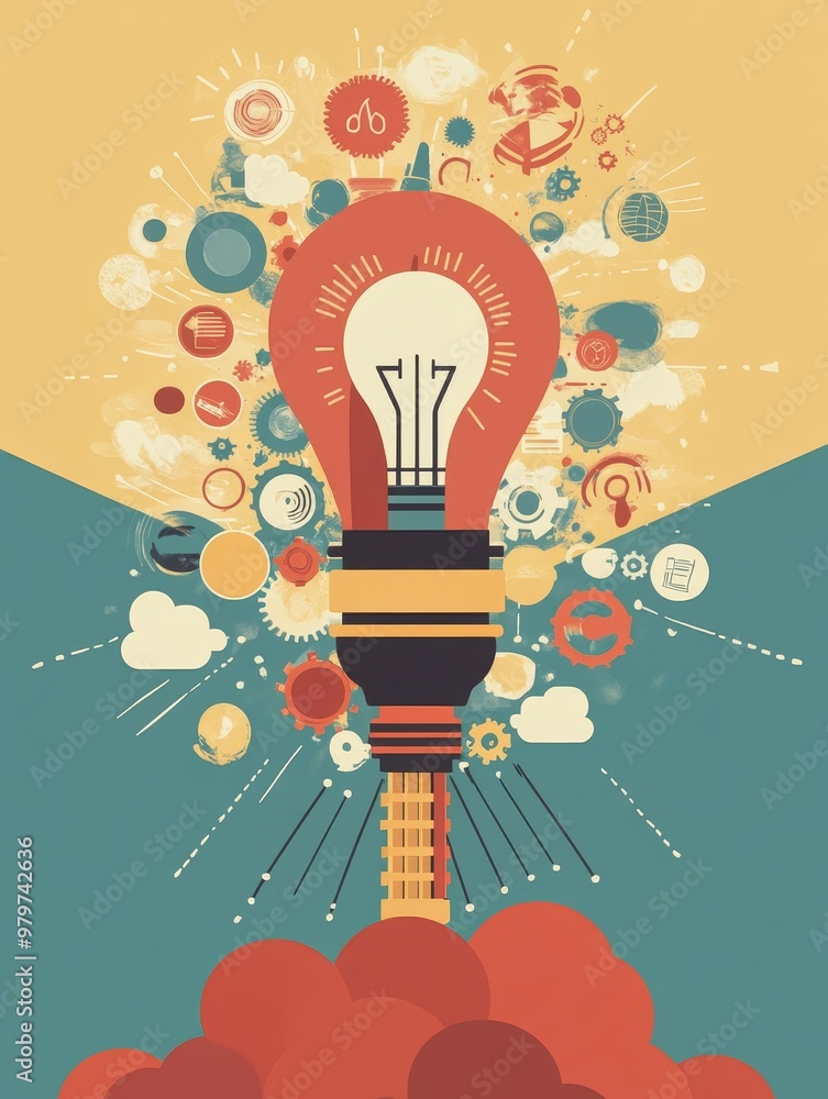 Poster an illustration of a lightbulb taking off like a rocket, surrounded by gears and symbols representin