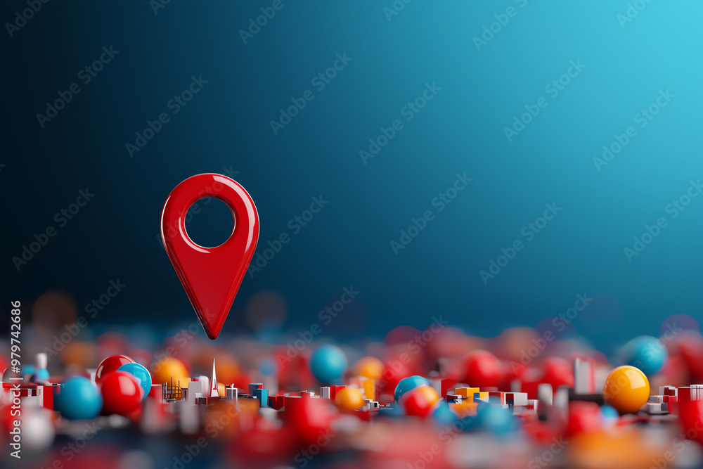 Poster close-up of a red location marker standing out among colorful pins on a map background, symbolizing 