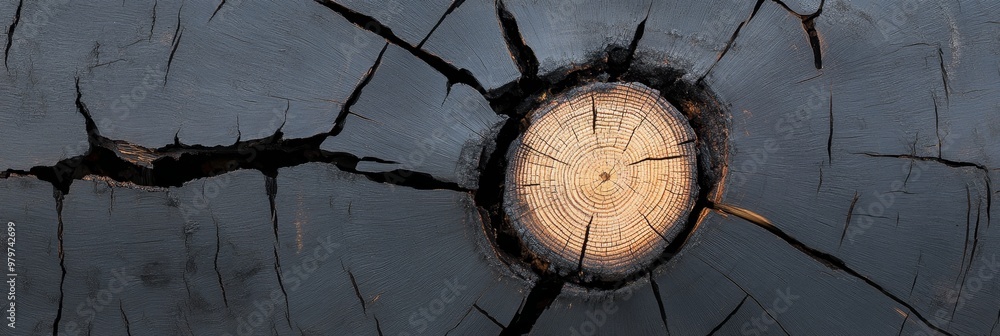 Poster charred tree trunk with visible rings, a close-up of a tree trunk that has been burned, showing the 