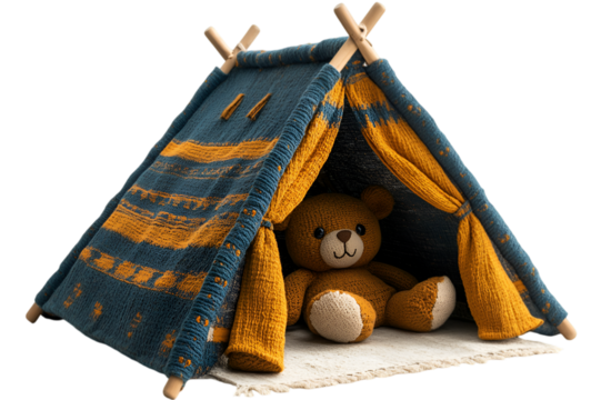 a stuffed bear in a tent. - Powered by Adobe