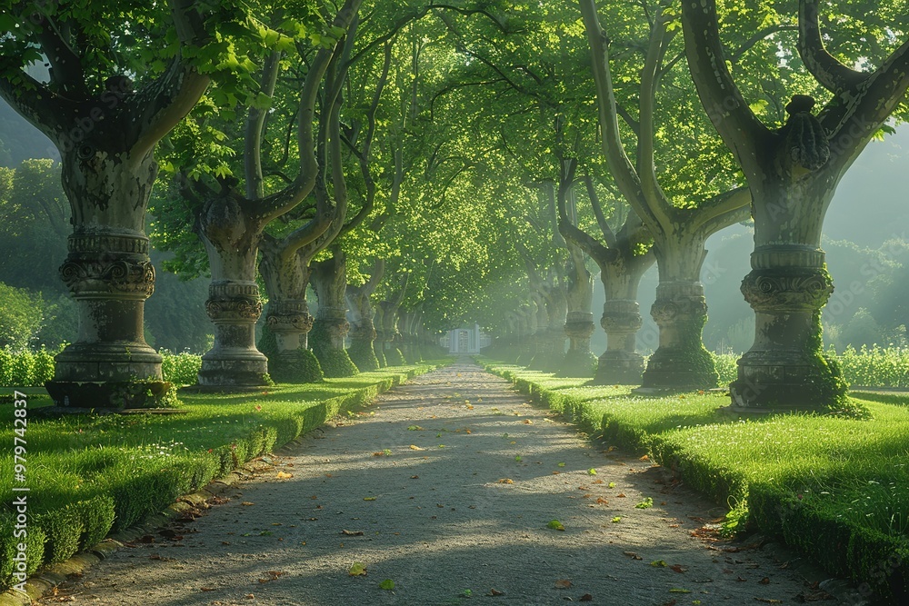 Poster a long path with trees on either side