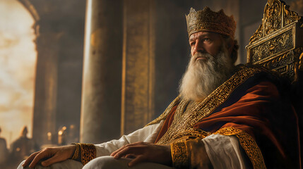 Wise King Solomon from the Bible, sitting on his throne gifted by the Lord, wisely leading his people and kingdom.