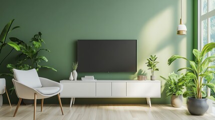 Stylish modern living room with a green wall, TV, and indoor plants creating a serene and trendy atmosphere.