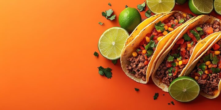 HAPPY National Taco Day banner template. Flat lay composition with tacos, salsa, and limes on vibrant orange background. Top view with copy space